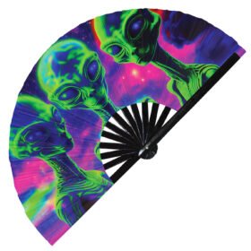 Alien UFO Trippy Extraterrestrial Psychedelic Neon Spaceship - Clack Folding Rave & Festival Hand Fan