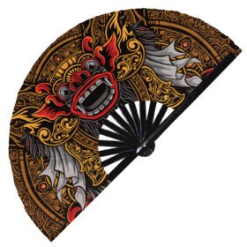 Tribal Balinese Barong Mask Rangda Illustration Tattoo - Clack Folding Rave & Festival Hand Fan