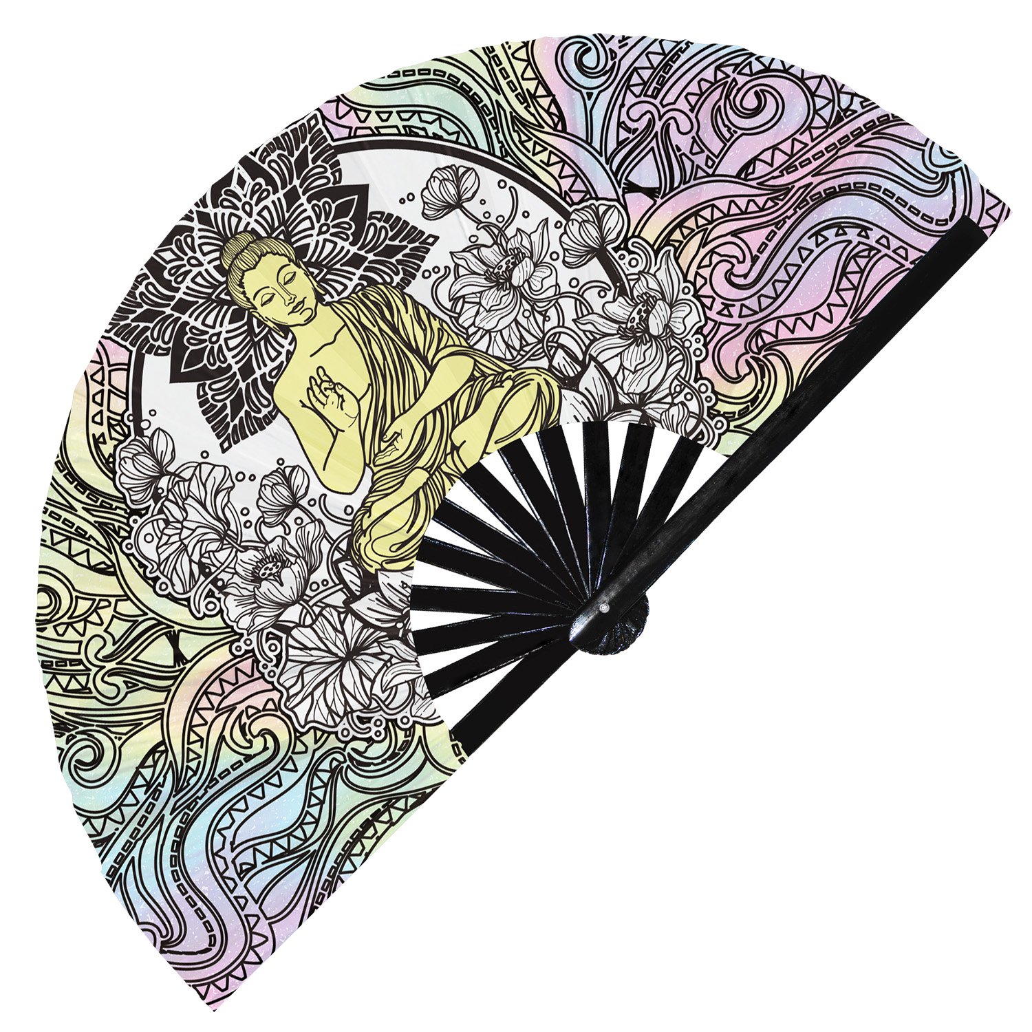 Buddha Colorful Zen Enlightened One Meditation - Clack Folding Rave & Festival Hand Fan - Image 3
