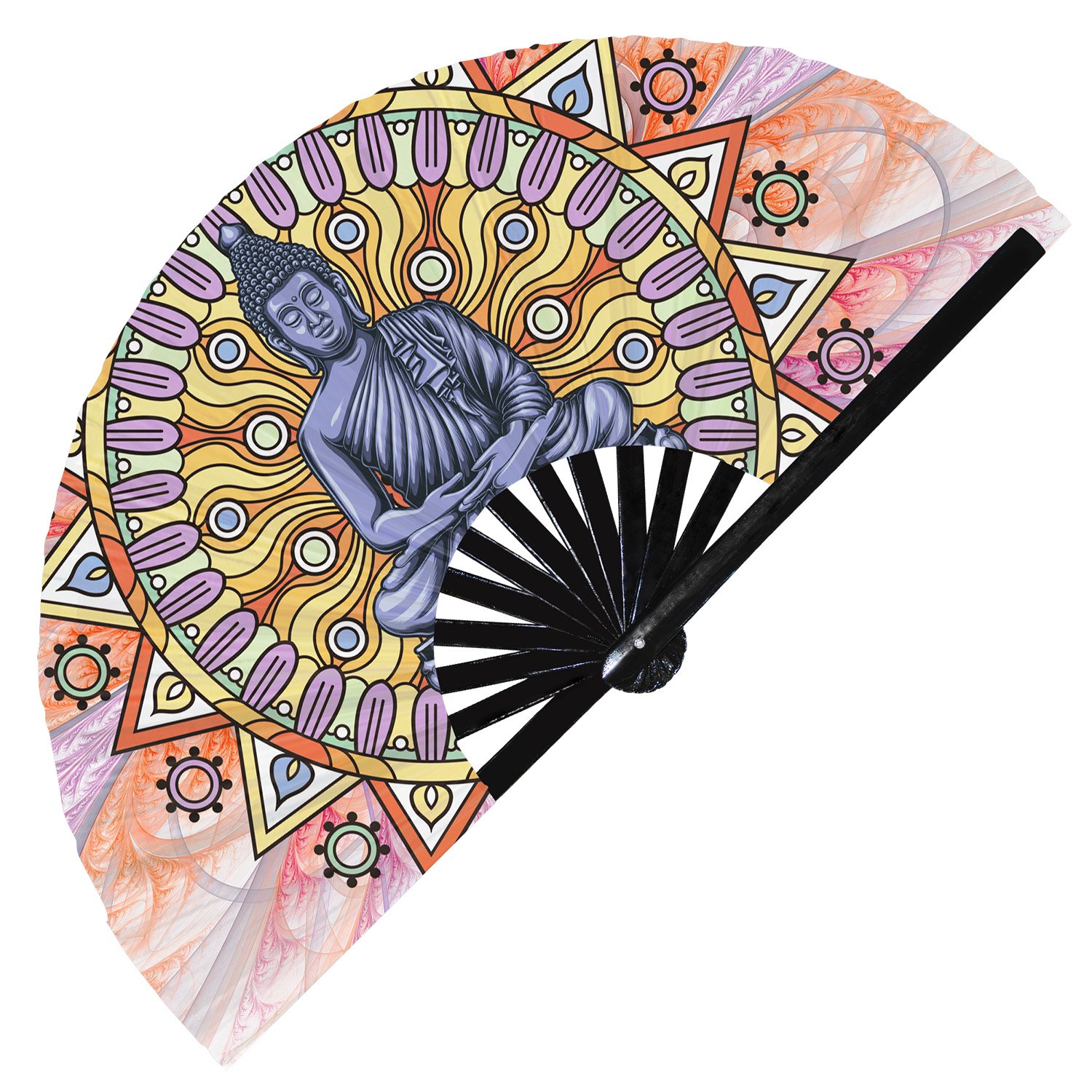 Buddha Colorful Zen Enlightened One Meditation - Clack Folding Rave & Festival Hand Fan - Image 2