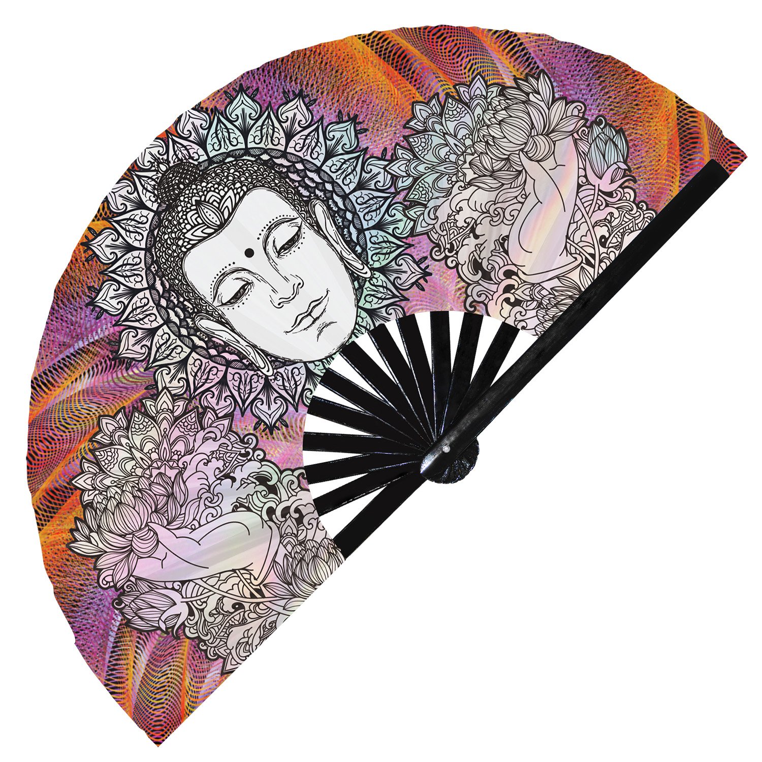 Buddha Colorful Zen Enlightened One Meditation - Clack Folding Rave & Festival Hand Fan - Image 5