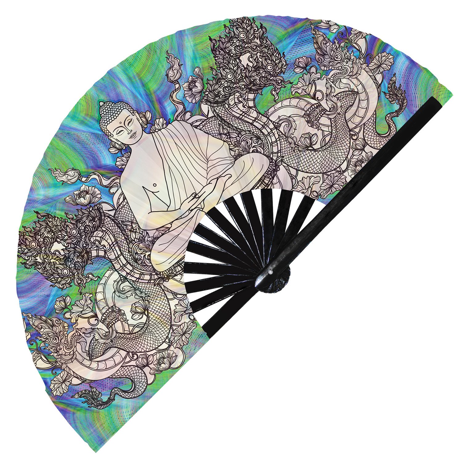 Buddha Colorful Zen Enlightened One Meditation - Clack Folding Rave & Festival Hand Fan - Image 8