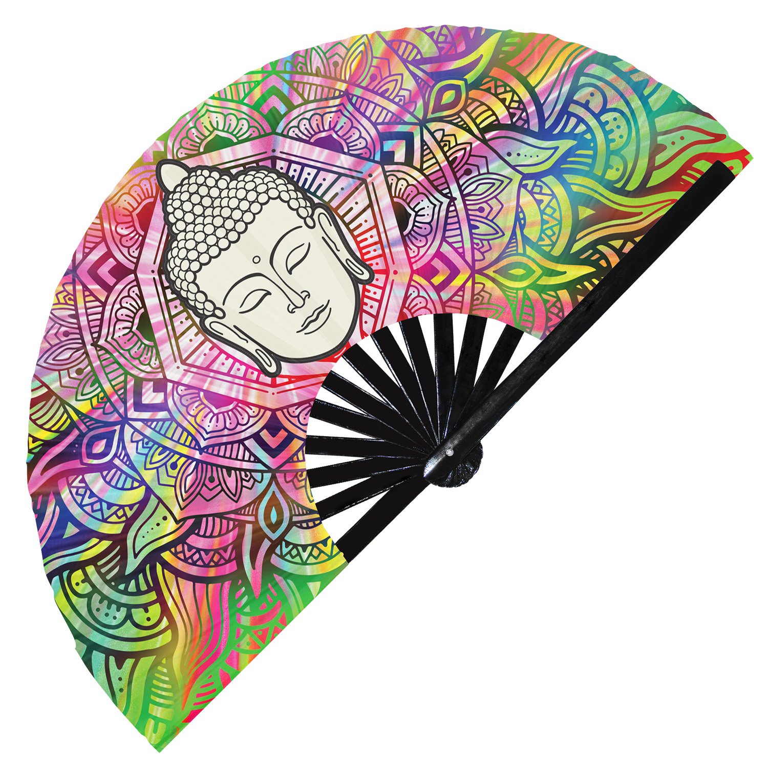 Buddha Colorful Zen Enlightened One Meditation - Clack Folding Rave & Festival Hand Fan