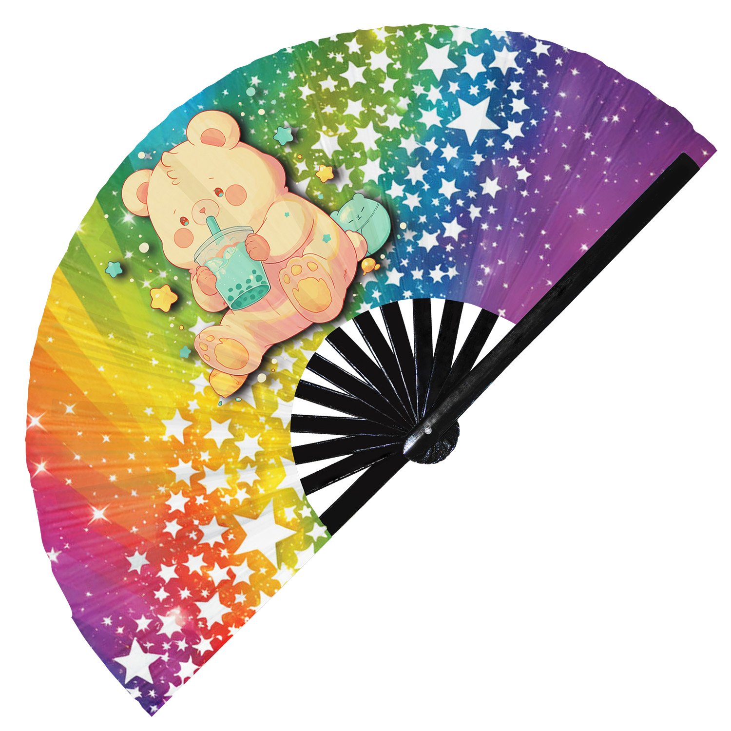 Cute Bear Drinking Boba Rainbow - Clack Folding Rave & Festival Hand Fan - Image 3