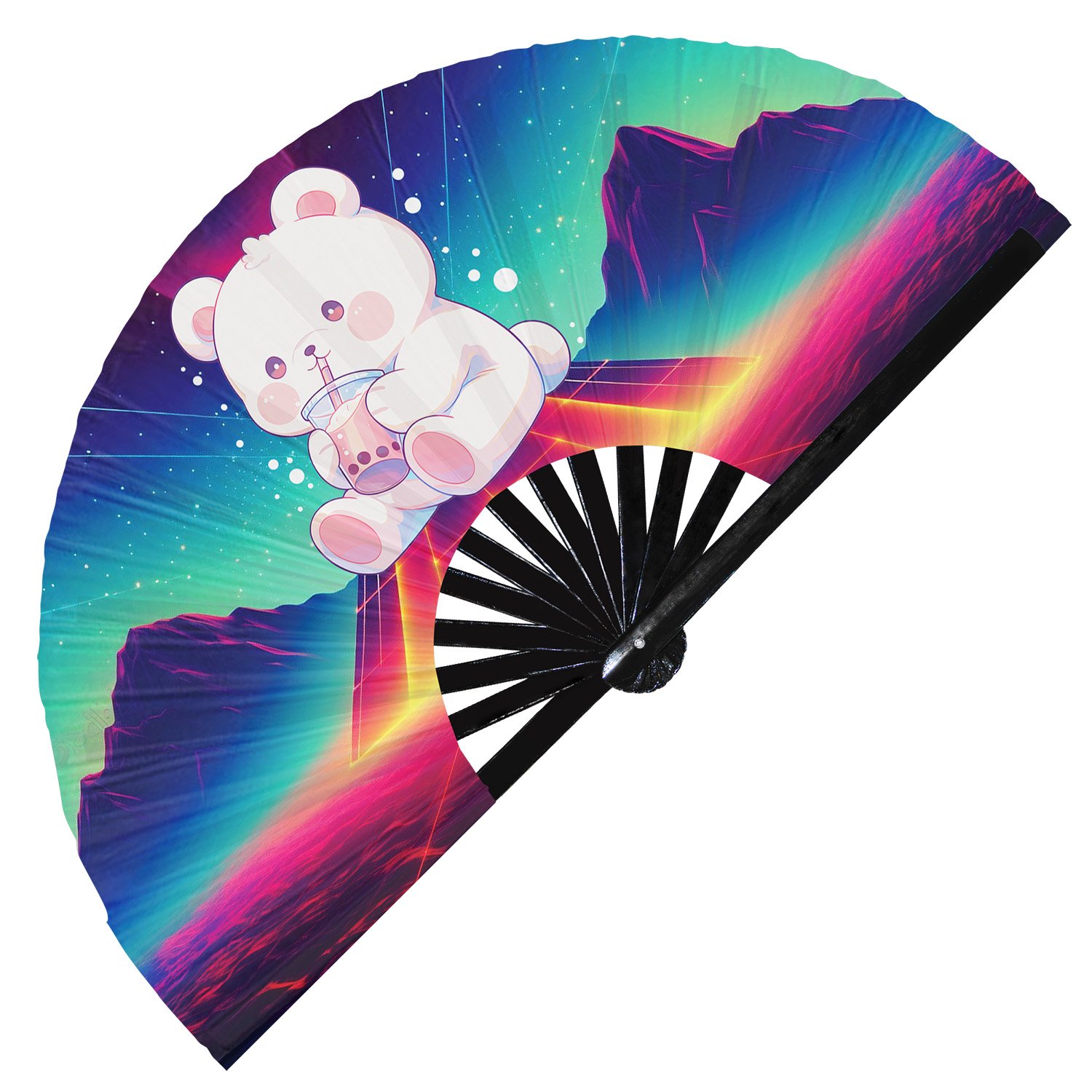 Cute Bear Drinking Boba Rainbow - Clack Folding Rave & Festival Hand Fan - Image 2