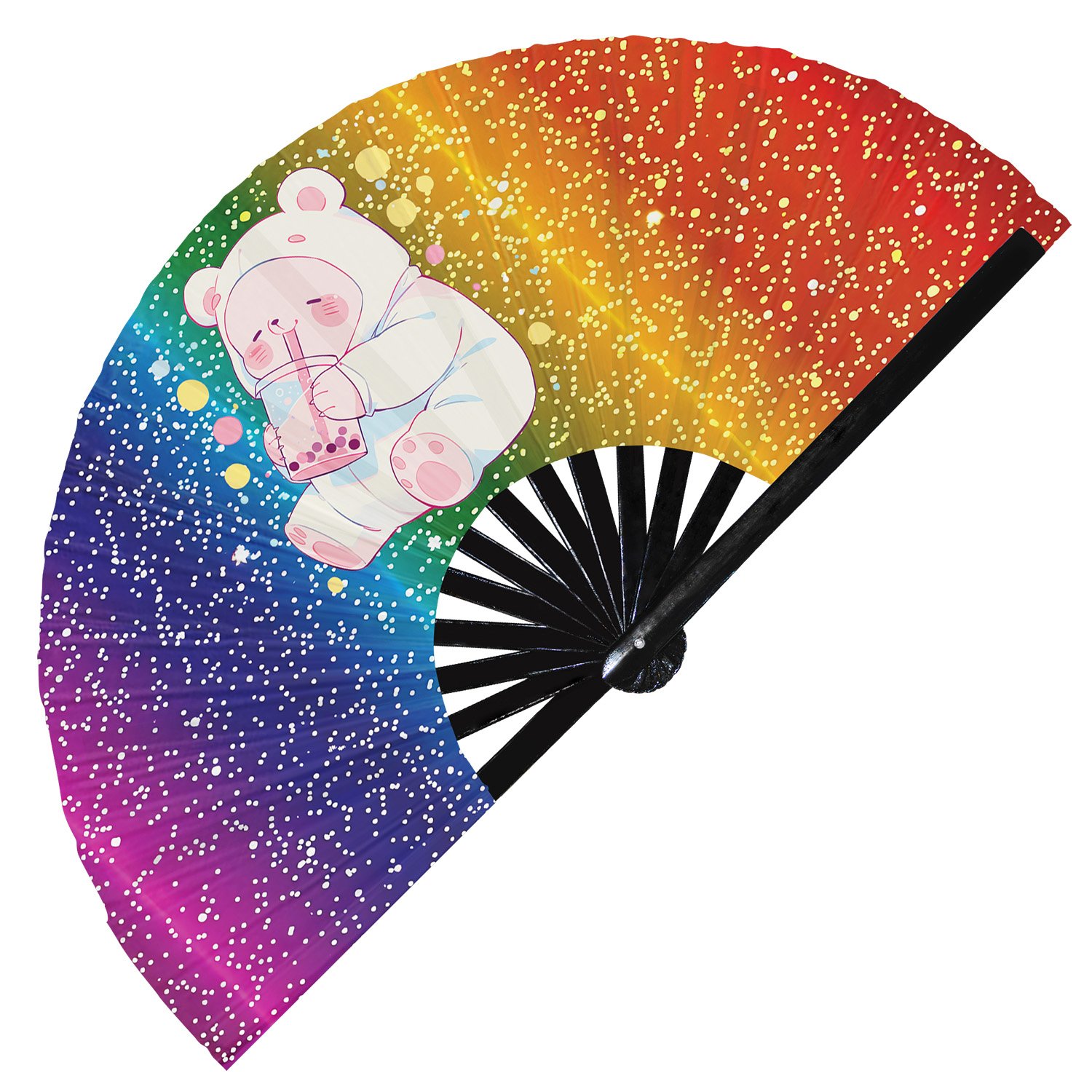 Cute Bear Drinking Boba Rainbow - Clack Folding Rave & Festival Hand Fan - Image 4