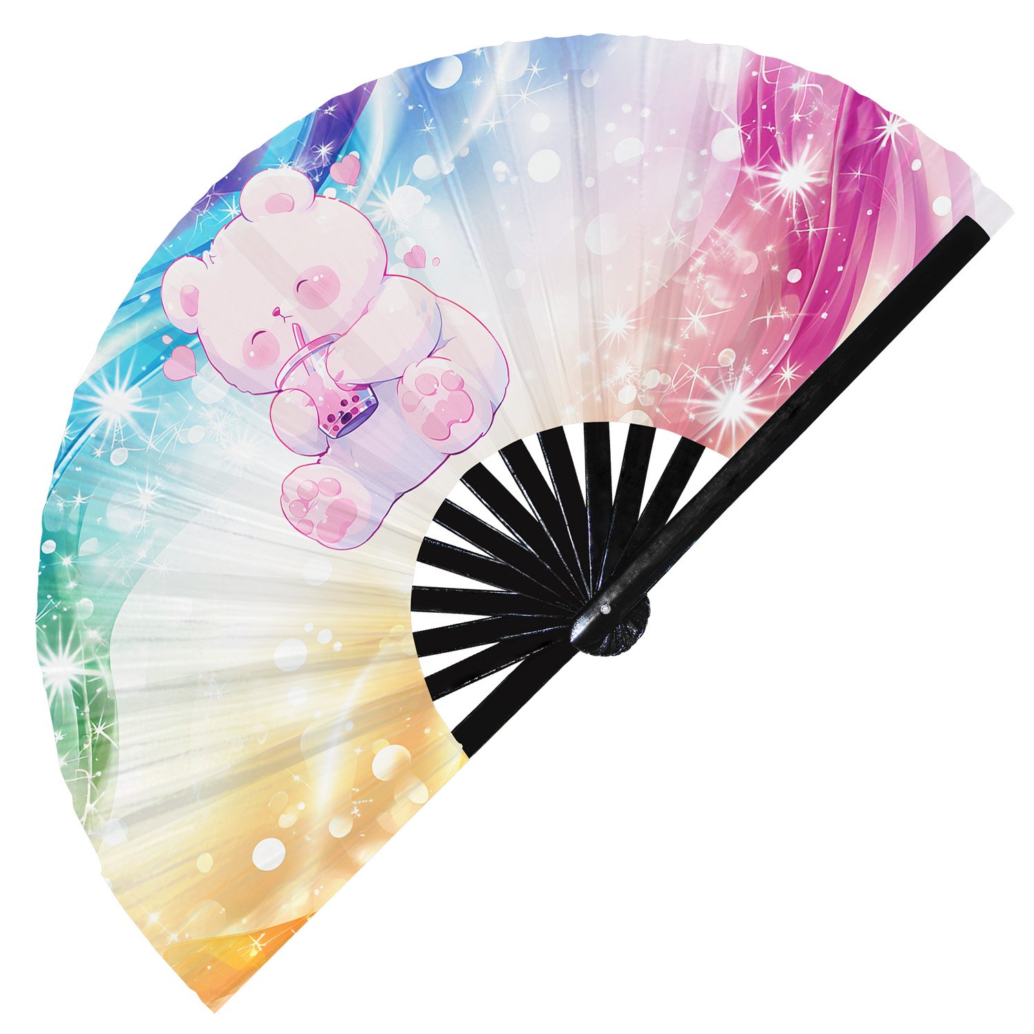 Cute Bear Drinking Boba Rainbow - Clack Folding Rave & Festival Hand Fan - Image 5