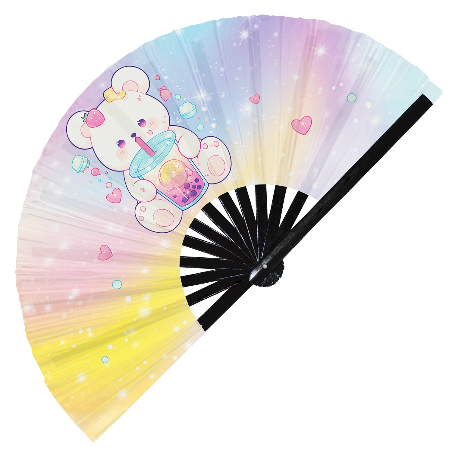 Cute Bear Drinking Boba Rainbow - Clack Folding Rave & Festival Hand Fan - Image 6