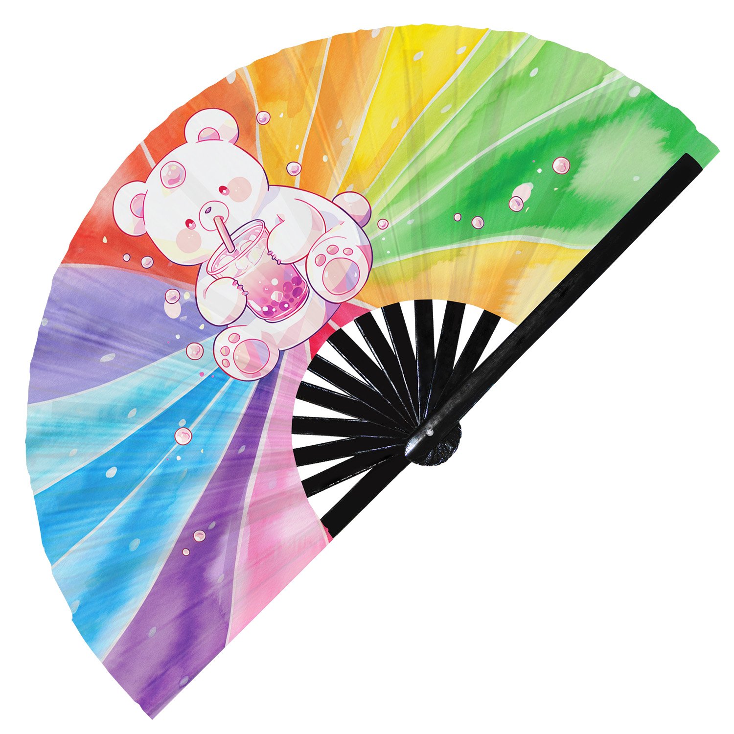 Cute Bear Drinking Boba Rainbow - Clack Folding Rave & Festival Hand Fan - Image 7