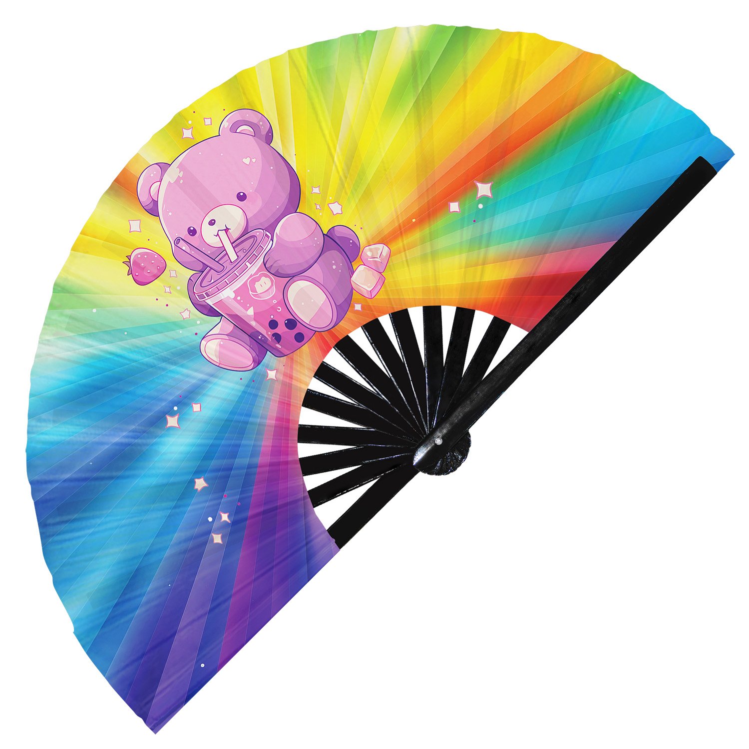 Cute Bear Drinking Boba Rainbow - Clack Folding Rave & Festival Hand Fan - Image 8