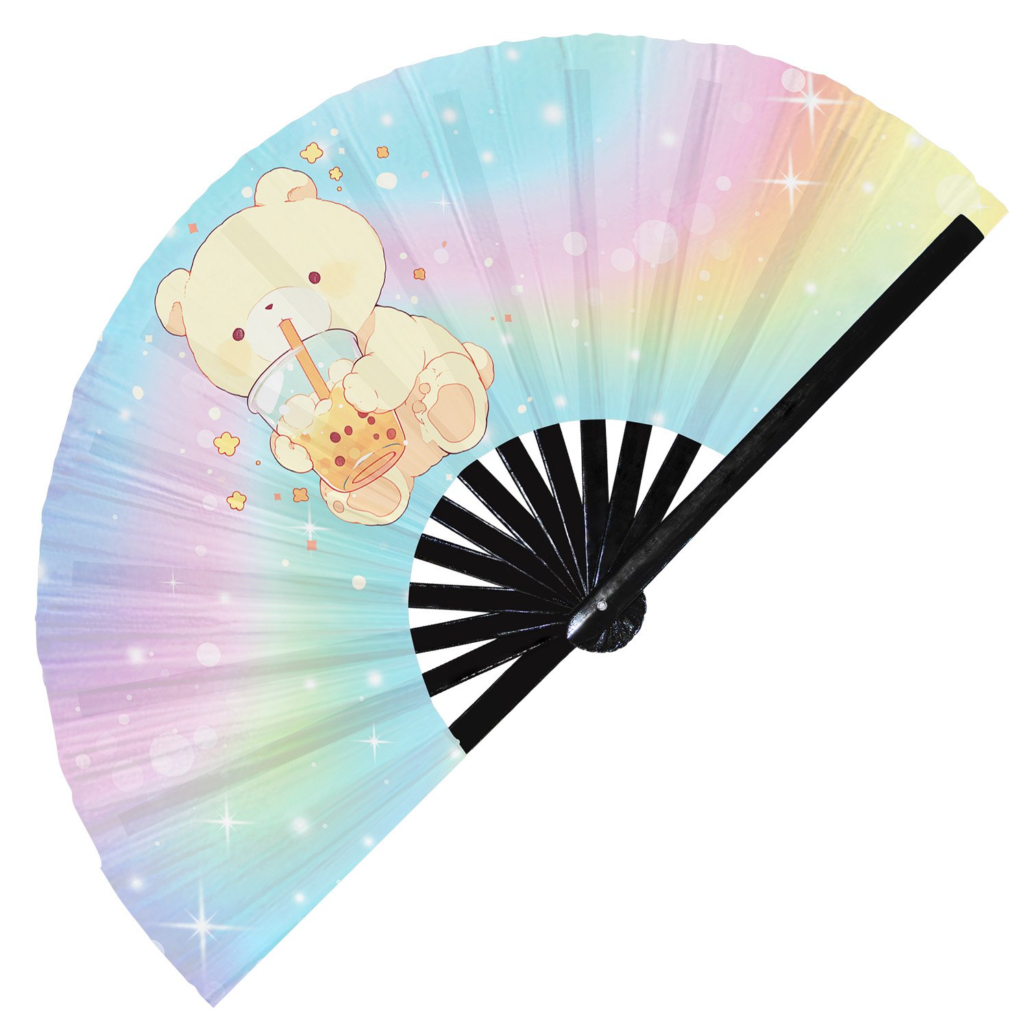 Cute Bear Drinking Boba Rainbow - Clack Folding Rave & Festival Hand Fan - Image 9
