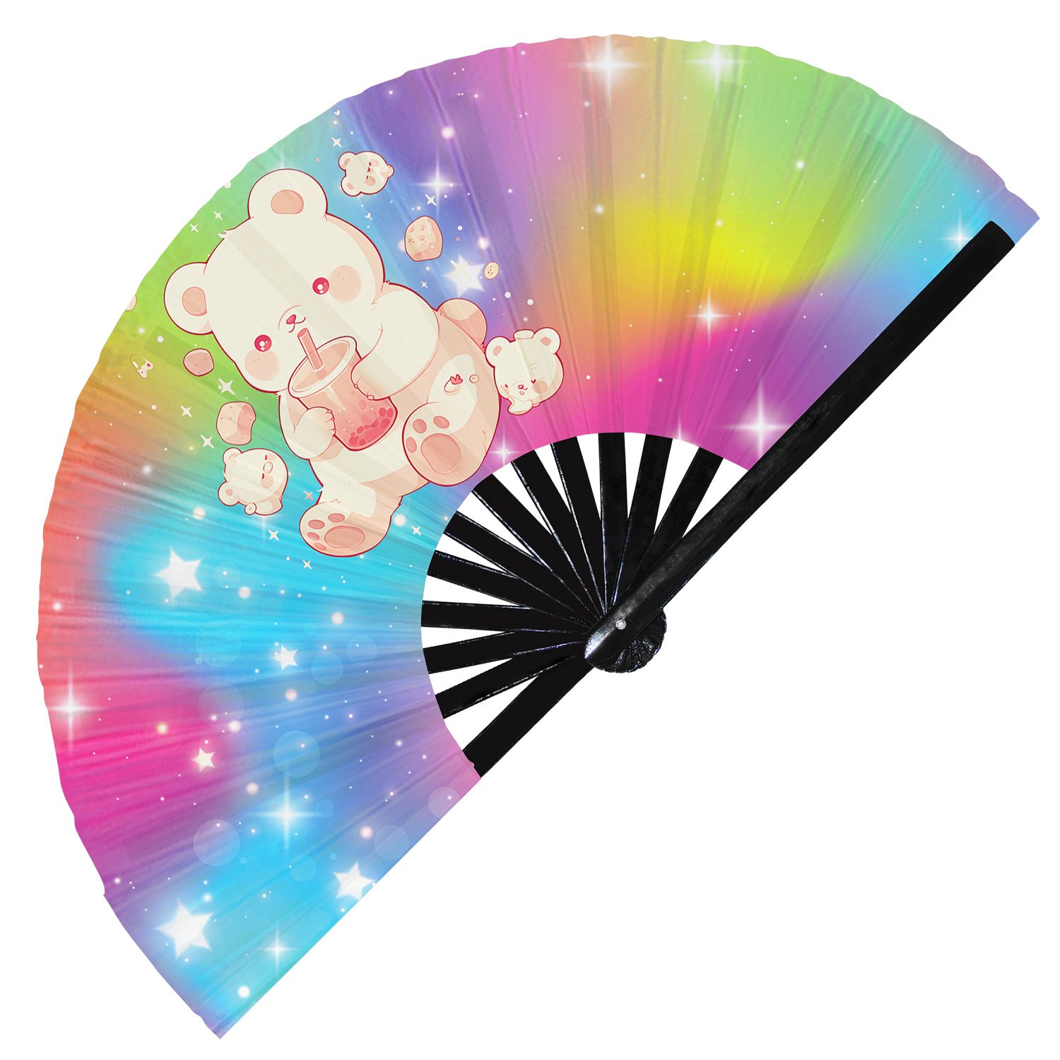 Cute Bear Drinking Boba Rainbow - Clack Folding Rave & Festival Hand Fan - Image 10