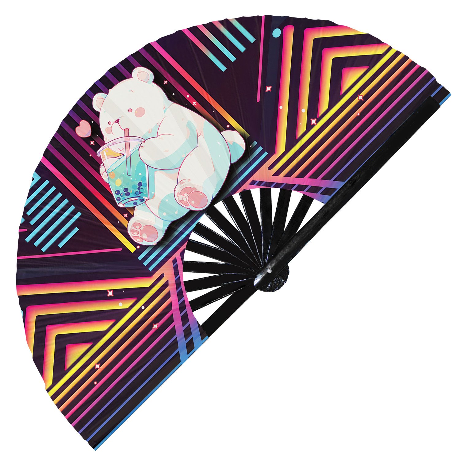 Cute Bear Drinking Boba Rainbow - Clack Folding Rave & Festival Hand Fan