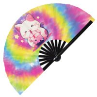 Cute Cat Drinking Boba Rainbow - Clack Folding Rave & Festival Hand Fan