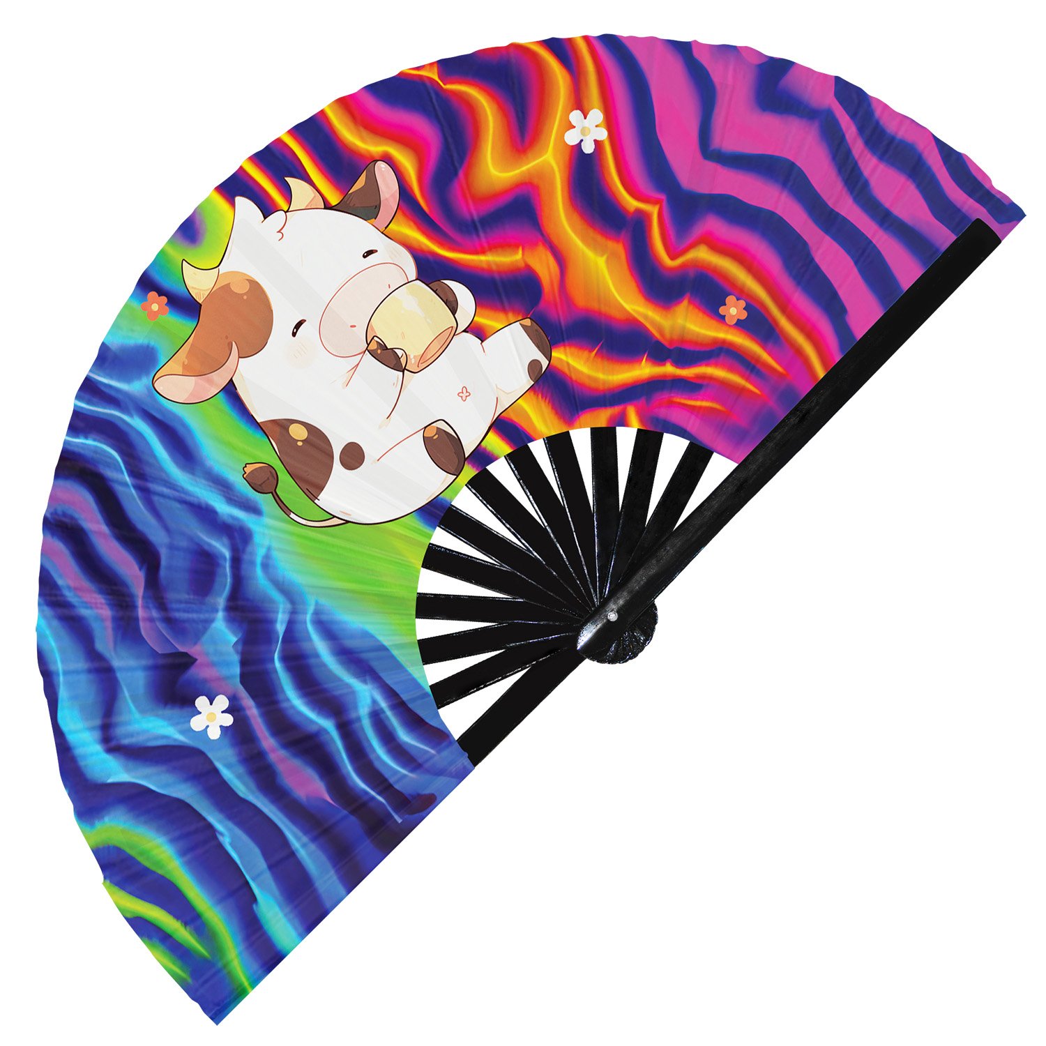 Cute Cow Drinking Coffee Rainbow- Clack Folding Rave & Festival Hand Fan - Image 3