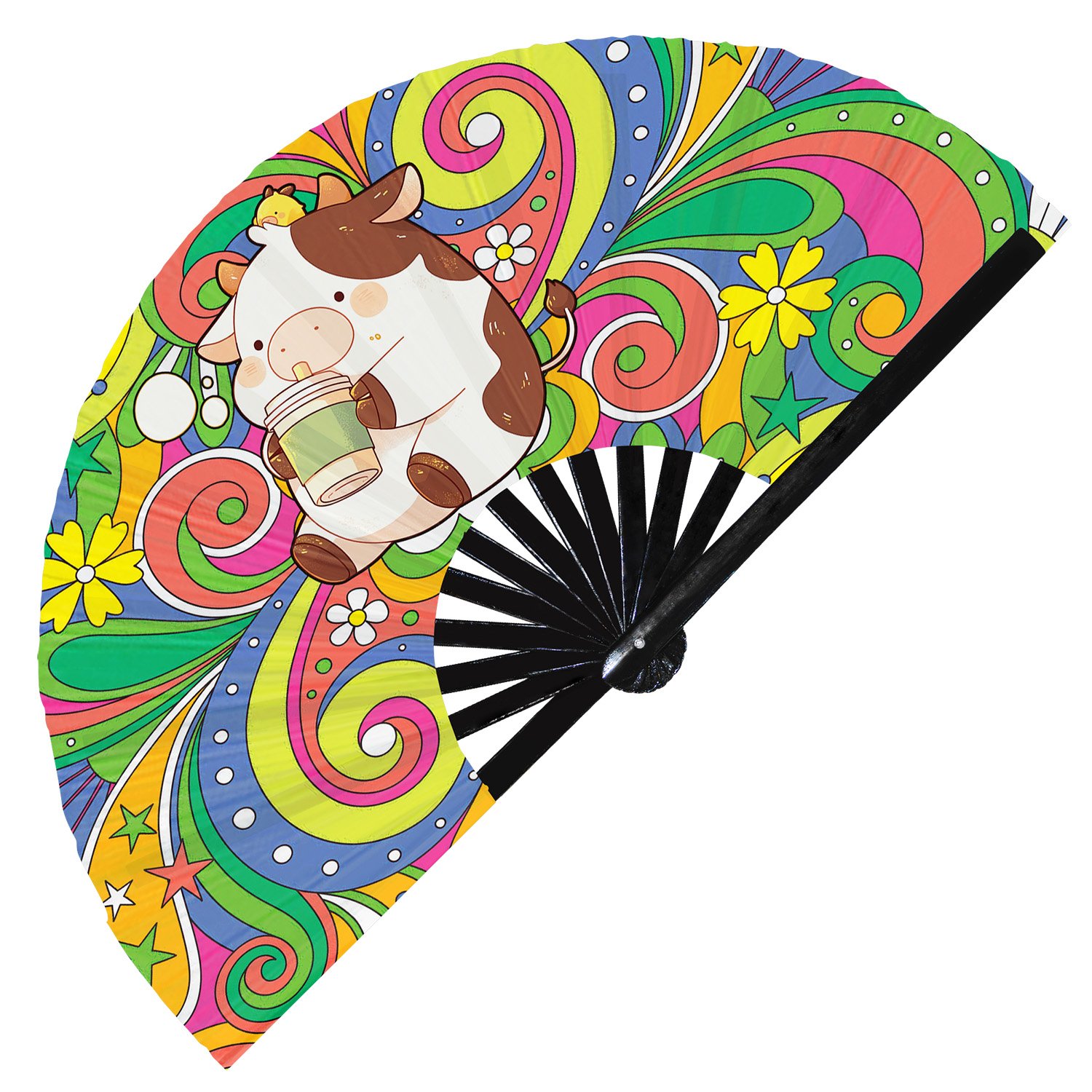 Cute Cow Drinking Coffee Rainbow- Clack Folding Rave & Festival Hand Fan - Image 2