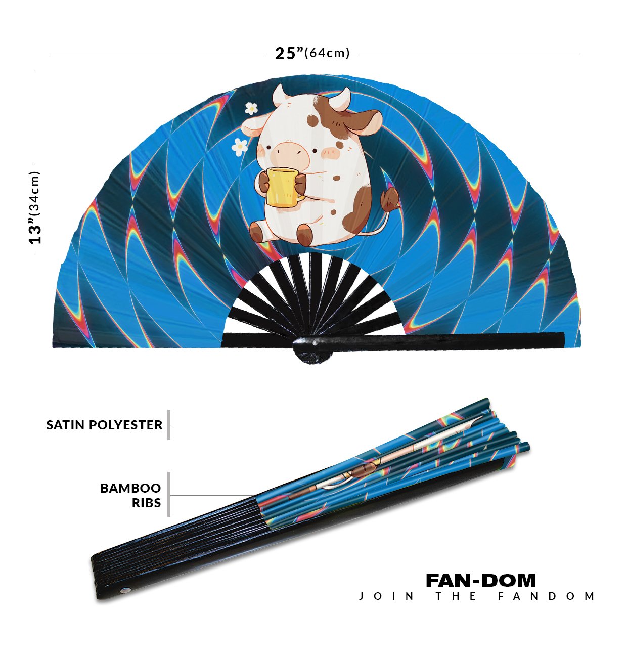 Cute Cow Drinking Coffee Rainbow- Clack Folding Rave & Festival Hand Fan - Image 12
