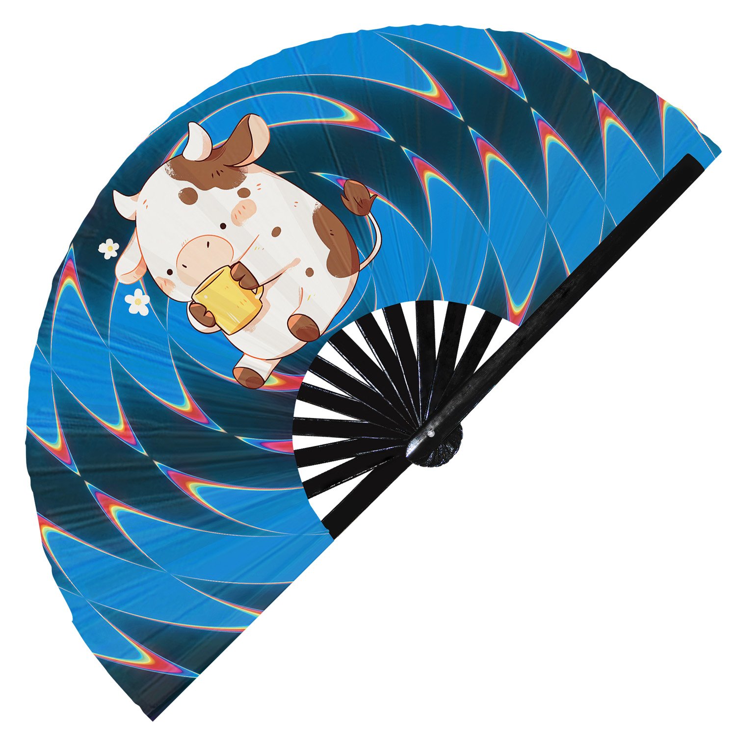 Cute Cow Drinking Coffee Rainbow- Clack Folding Rave & Festival Hand Fan