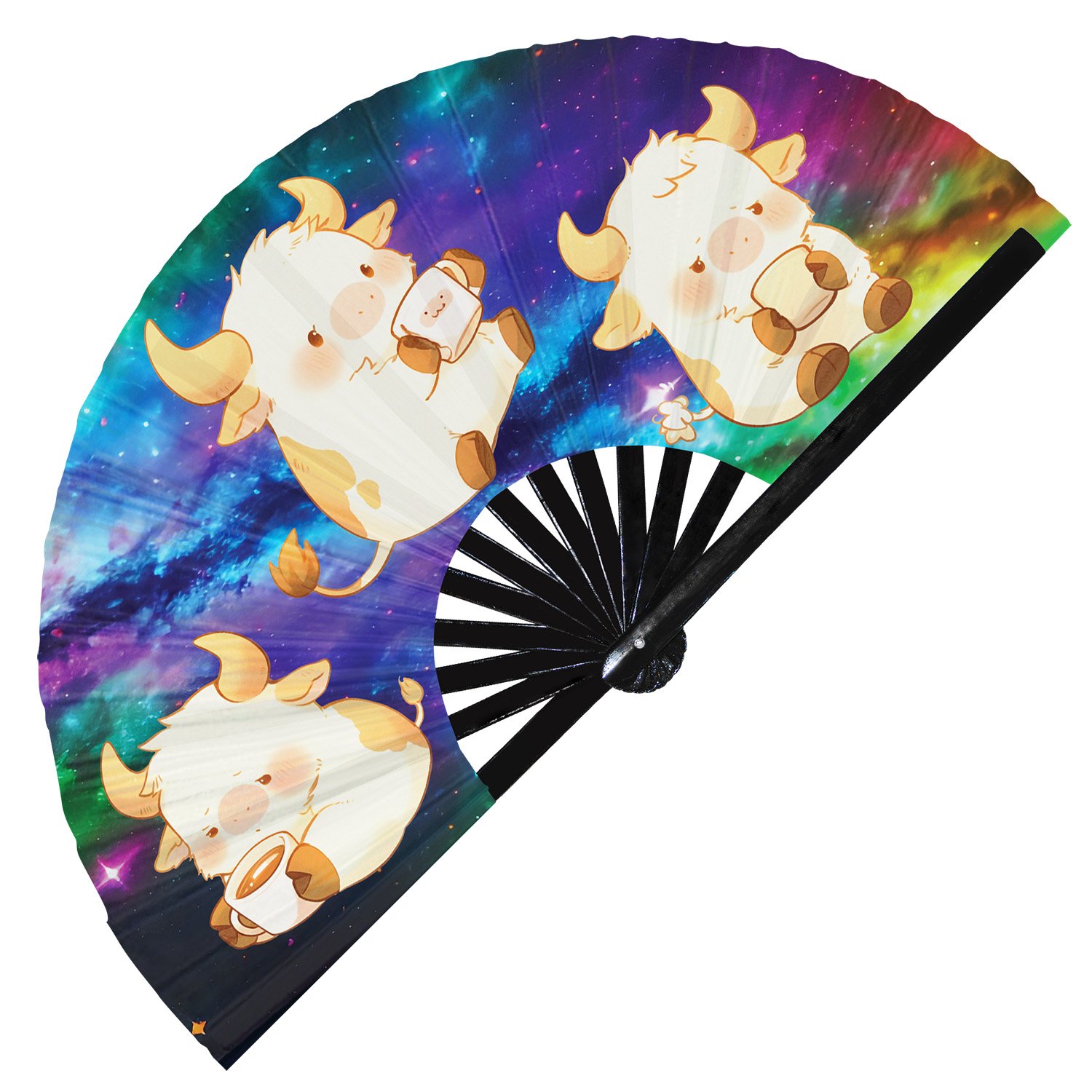Cute Cow Drinking Coffee Rainbow- Clack Folding Rave & Festival Hand Fan - Image 5