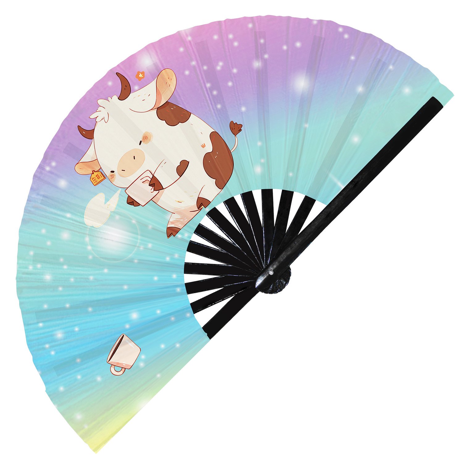 Cute Cow Drinking Coffee Rainbow- Clack Folding Rave & Festival Hand Fan - Image 6