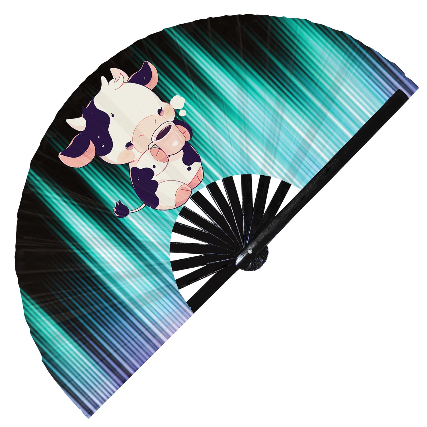 Cute Cow Drinking Coffee Rainbow- Clack Folding Rave & Festival Hand Fan - Image 8