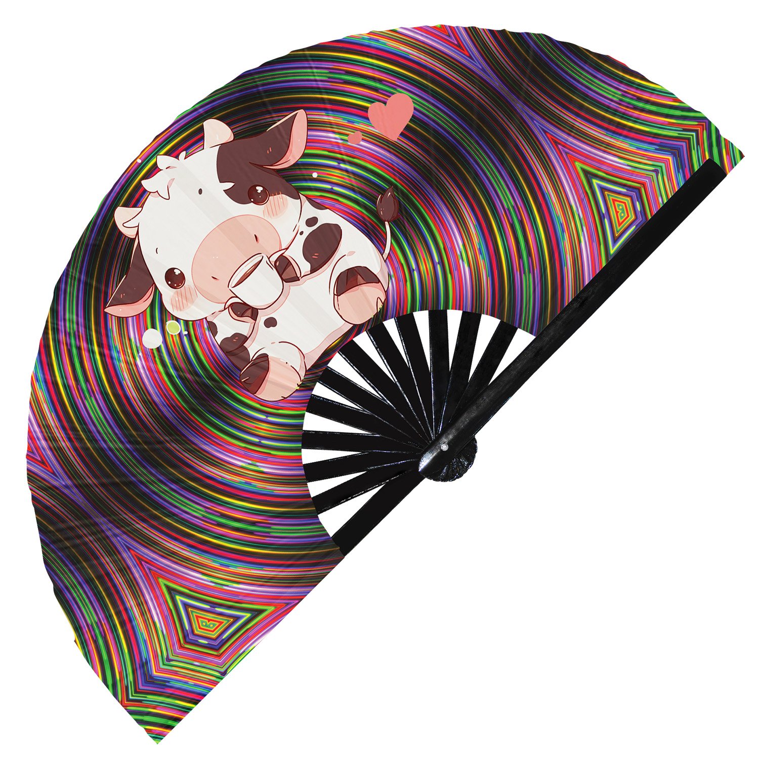 Cute Cow Drinking Coffee Rainbow- Clack Folding Rave & Festival Hand Fan - Image 9