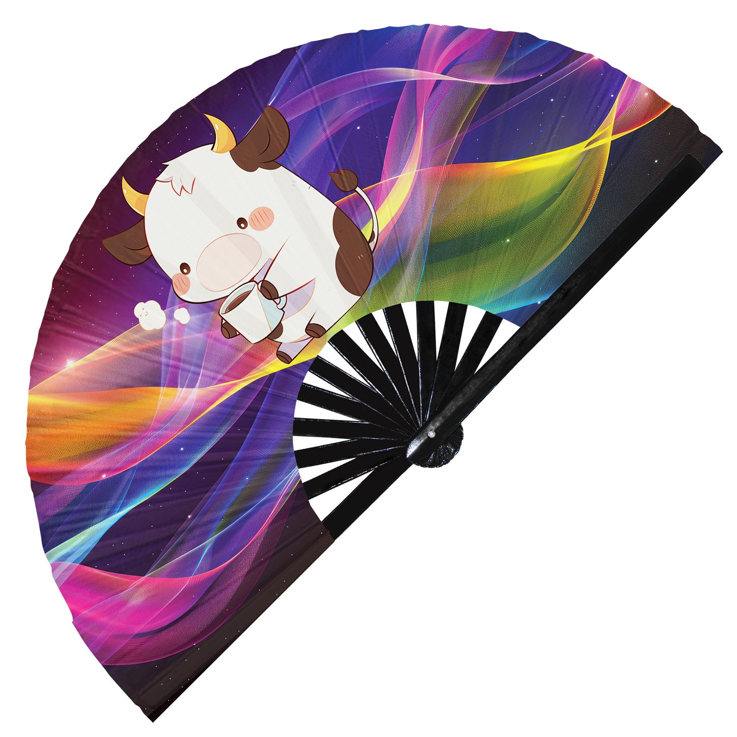 Cute Cow Drinking Coffee Rainbow- Clack Folding Rave & Festival Hand Fan - Image 10