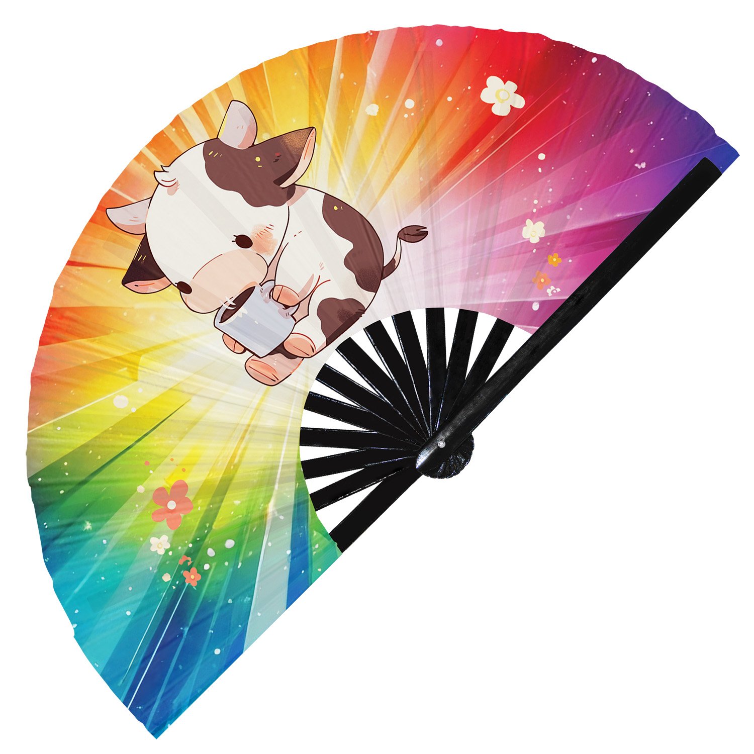 Cute Cow Drinking Coffee Rainbow- Clack Folding Rave & Festival Hand Fan - Image 11