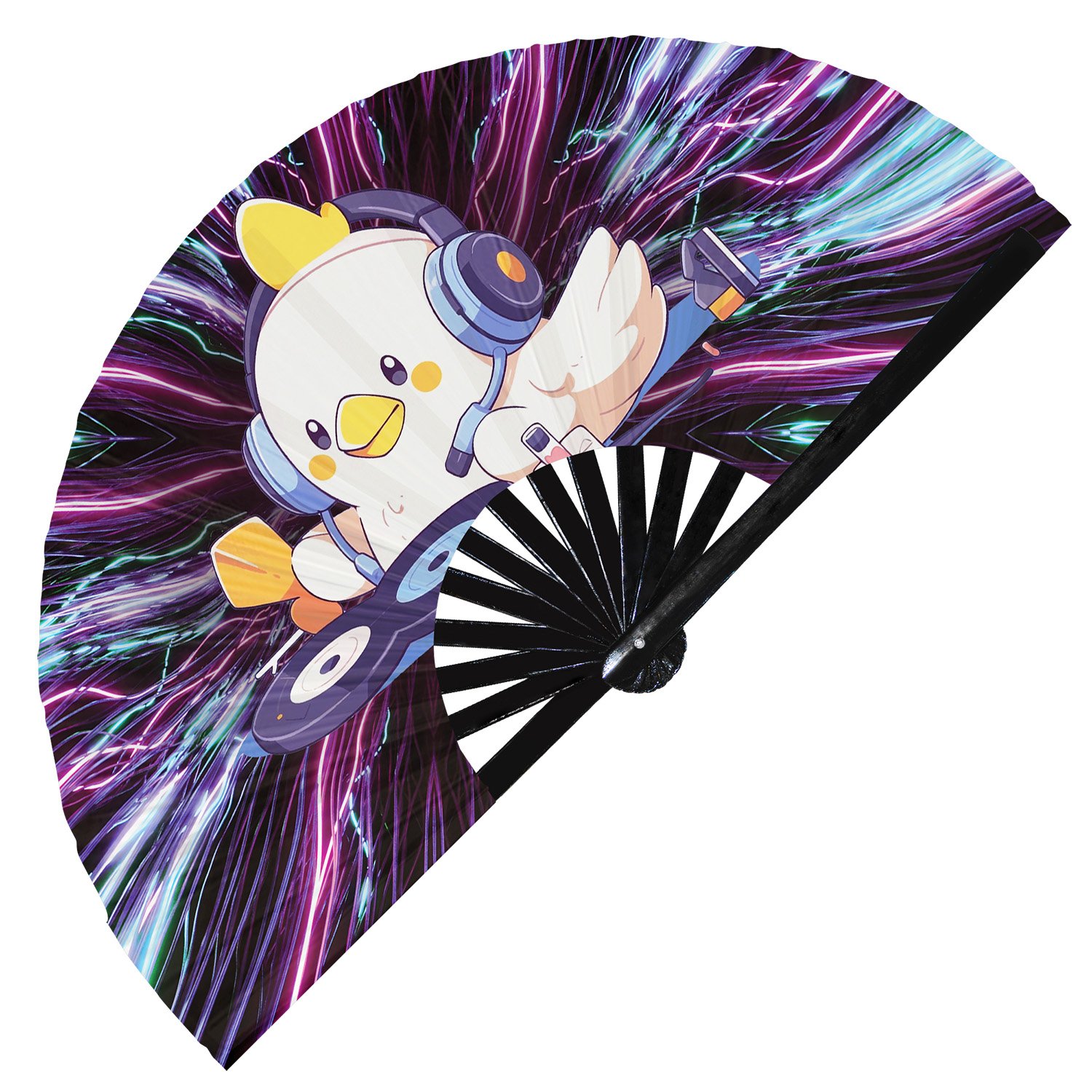 Cute Dj Duck Rave Cartoon Duckling - Clack Folding Rave & Festival Hand Fan