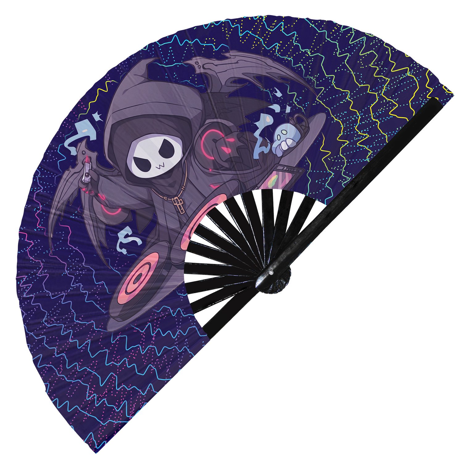 Cute Dj Grim Reaper Rave Cartoon Death - Clack Folding Rave & Festival Hand Fan - Image 8