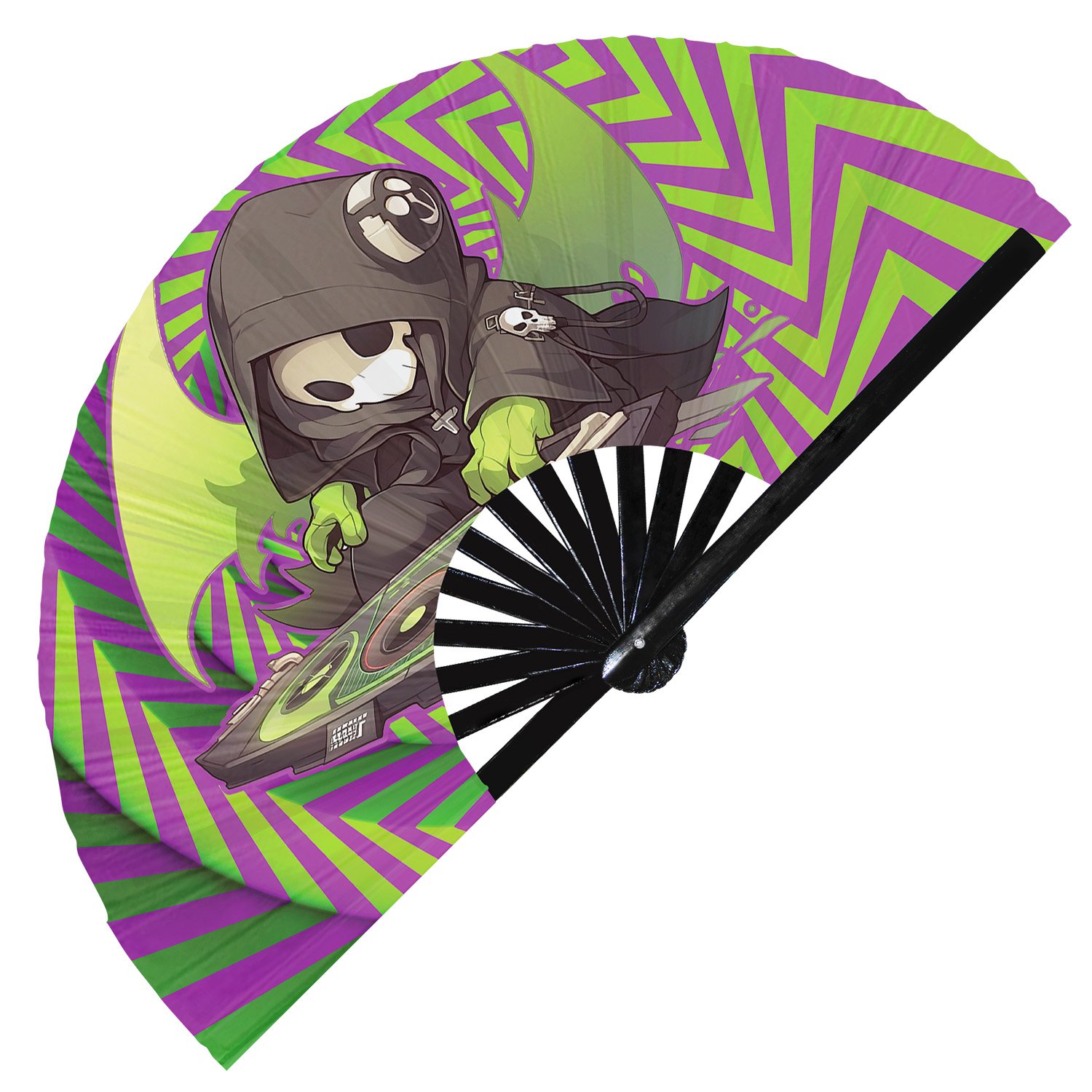 Cute Dj Grim Reaper Rave Cartoon Death - Clack Folding Rave & Festival Hand Fan - Image 3