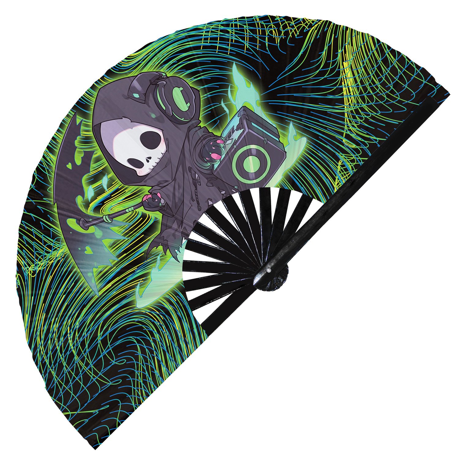 Cute Dj Grim Reaper Rave Cartoon Death - Clack Folding Rave & Festival Hand Fan - Image 4