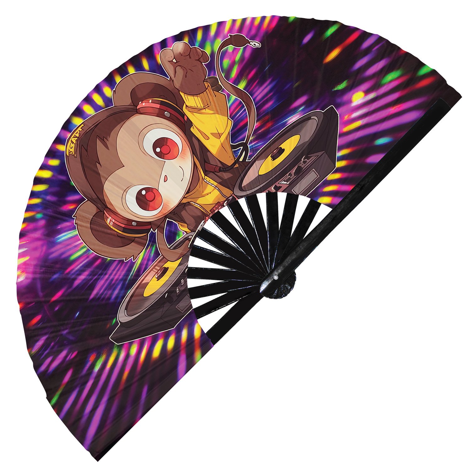 Cute Dj Monkey Rave Cartoon Ape - Clack Folding Rave & Festival Hand Fan - Image 2