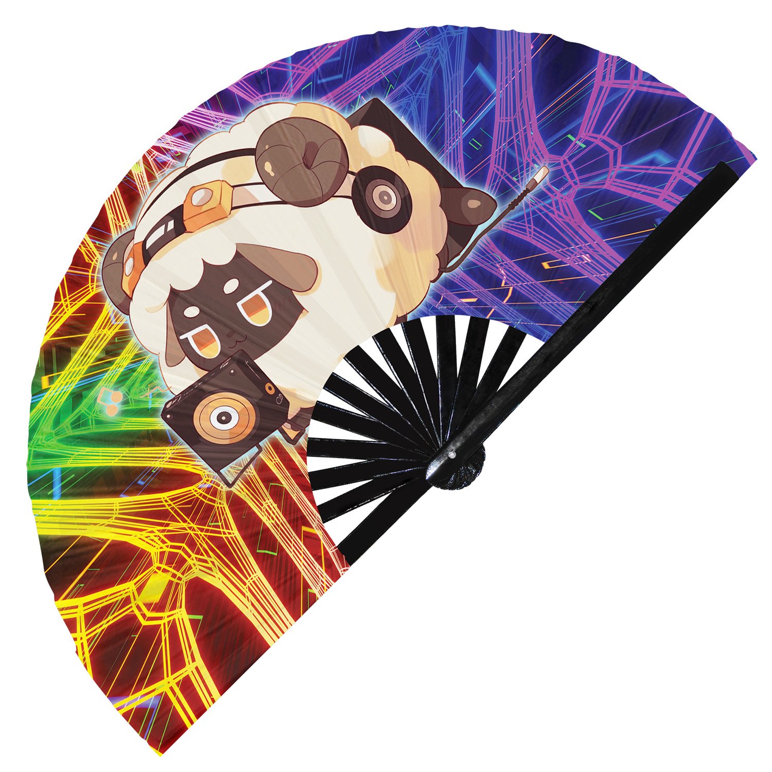 Cute Dj Sheep Rave Cartoon Lamb - Clack Folding Rave & Festival Hand Fan - Image 9