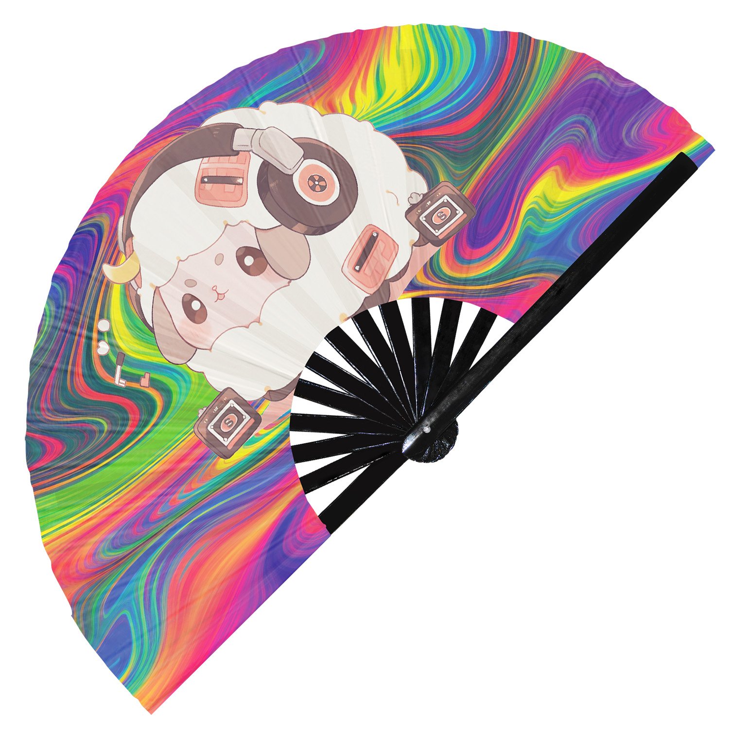 Cute Dj Sheep Rave Cartoon Lamb - Clack Folding Rave & Festival Hand Fan - Image 10