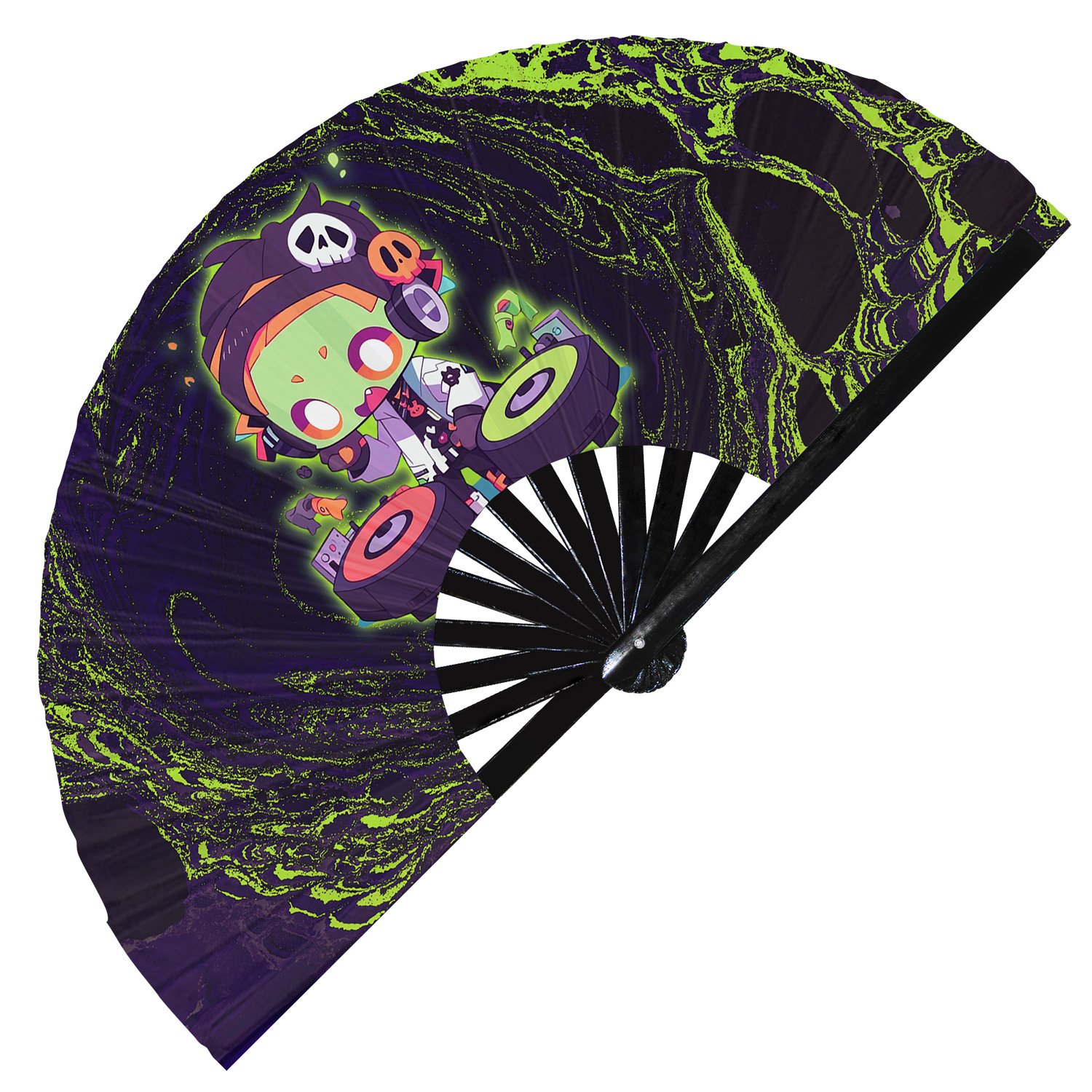 Cute Dj Zombie Rave Cartoon Undead - Clack Folding Rave & Festival Hand Fan