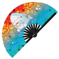 Cute Shark Drinking Coffee Rainbow - Clack Folding Rave & Festival Hand Fan