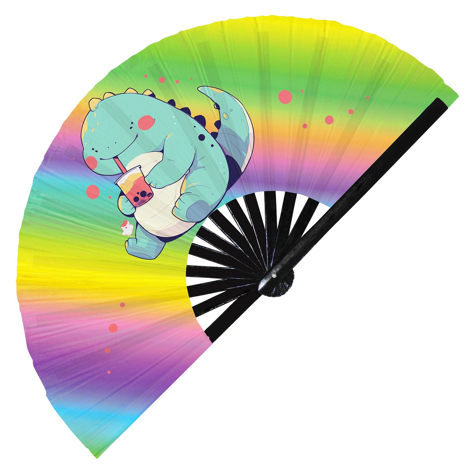 Cute T-rex Drinking Boba Rainbow Dinosaur - Clack Folding Rave & Festival Hand Fan - Image 2