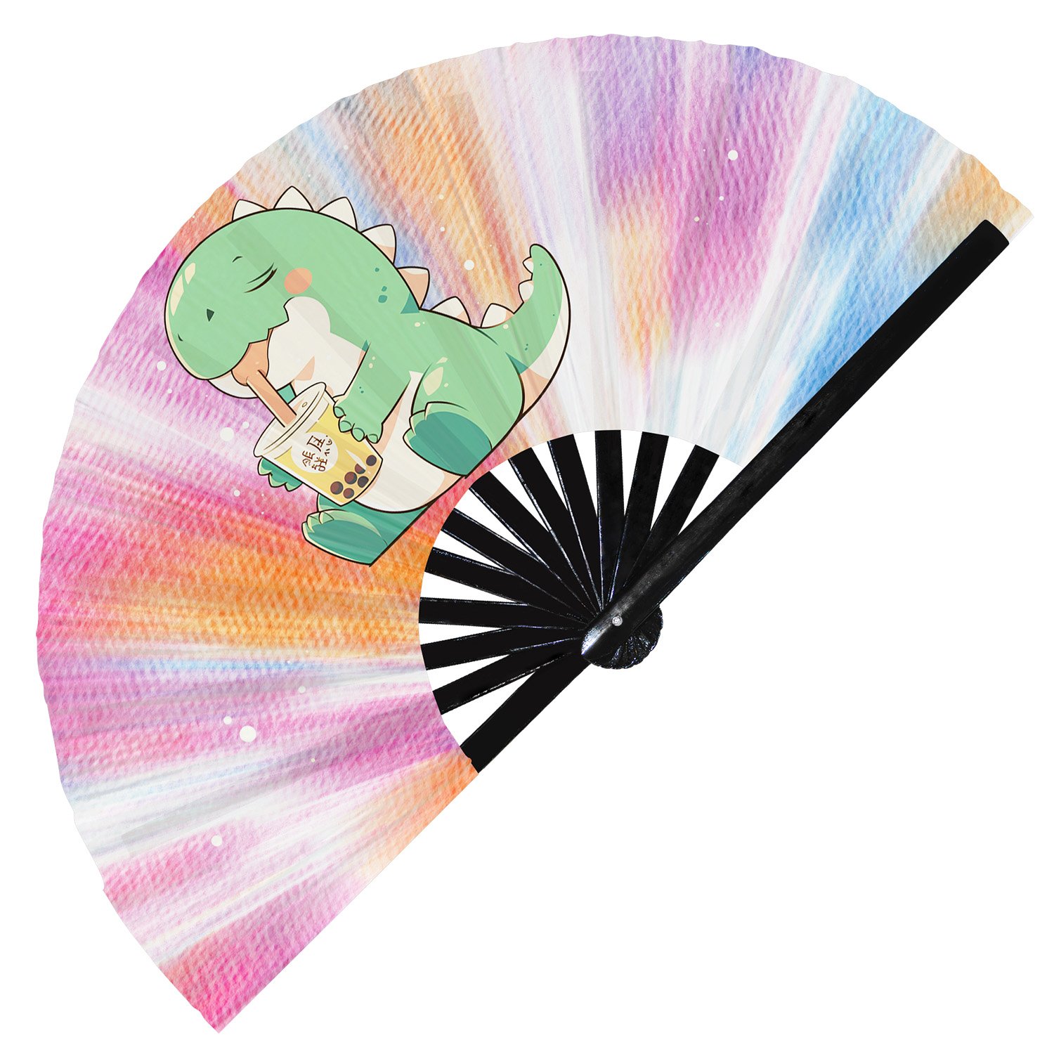 Cute T-rex Drinking Boba Rainbow Dinosaur - Clack Folding Rave & Festival Hand Fan - Image 4