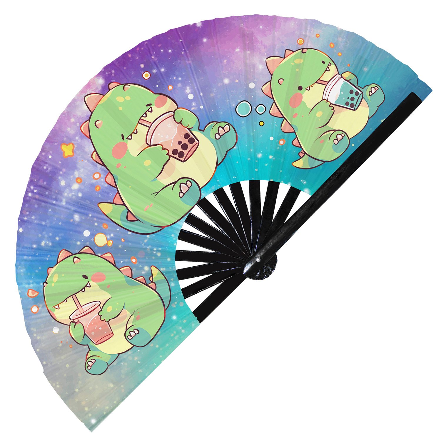 Cute T-rex Drinking Boba Rainbow Dinosaur - Clack Folding Rave & Festival Hand Fan - Image 5