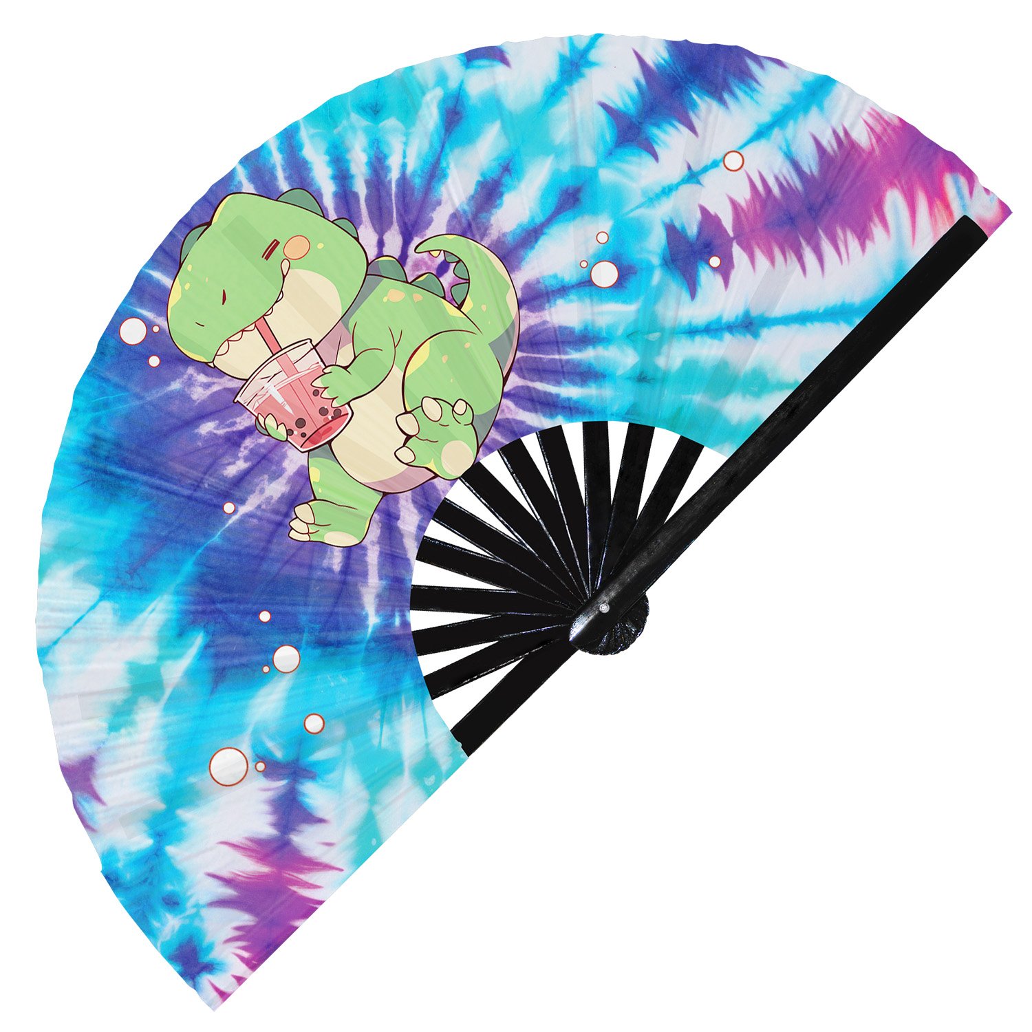 Cute T-rex Drinking Boba Rainbow Dinosaur - Clack Folding Rave & Festival Hand Fan - Image 8