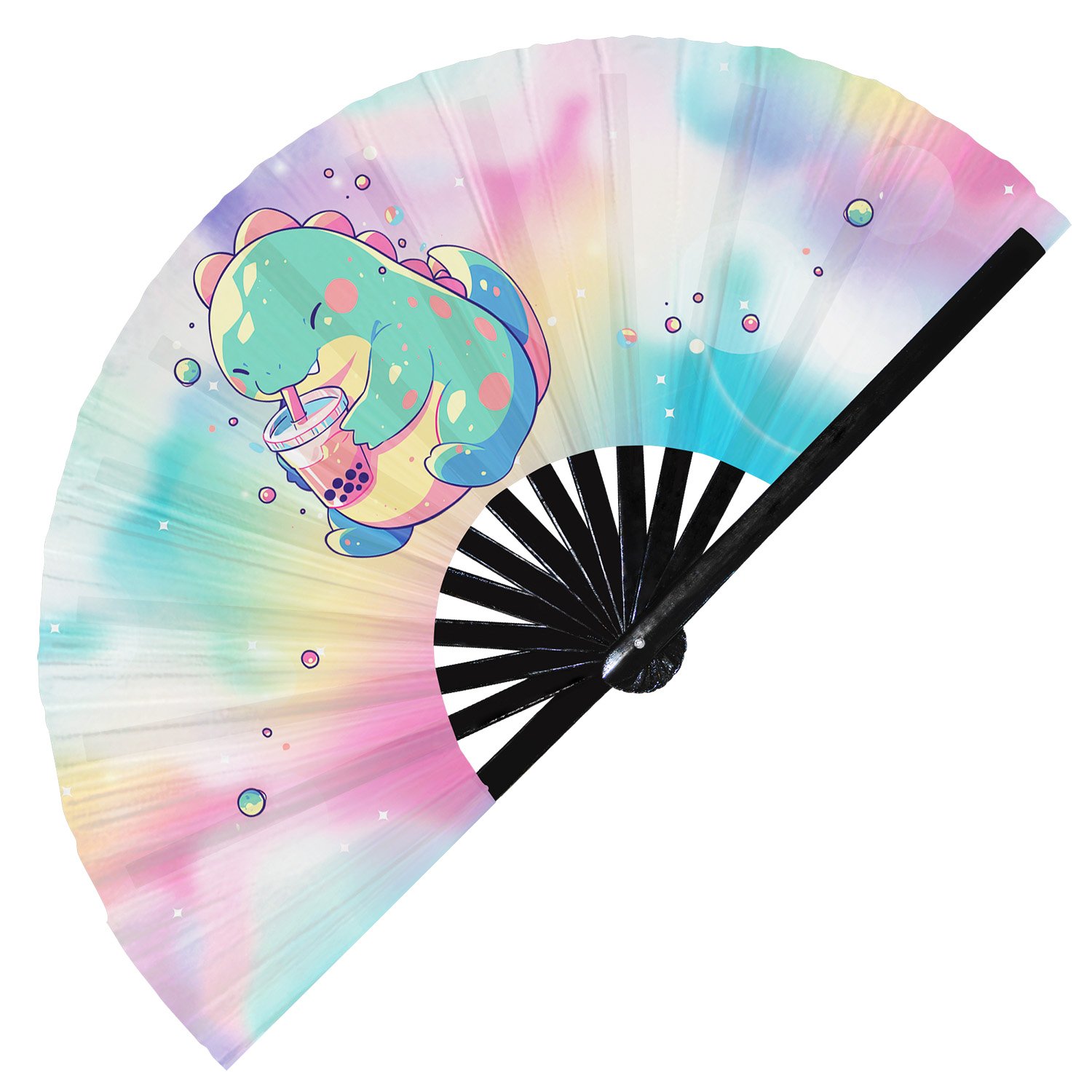 Cute T-rex Drinking Boba Rainbow Dinosaur - Clack Folding Rave & Festival Hand Fan - Image 10