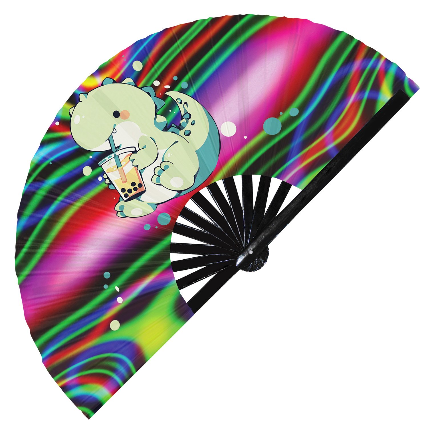 Cute T-rex Drinking Boba Rainbow Dinosaur - Clack Folding Rave & Festival Hand Fan - Image 11