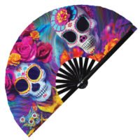 Neon Dia De Muertos Colorful Huichol Day of the Dead - Clack Folding Rave & Festival Hand Fan