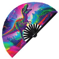 Trippy T-rex Colorful Psychedelic Realistic Dinosaur - Clack Folding Rave & Festival Hand Fan