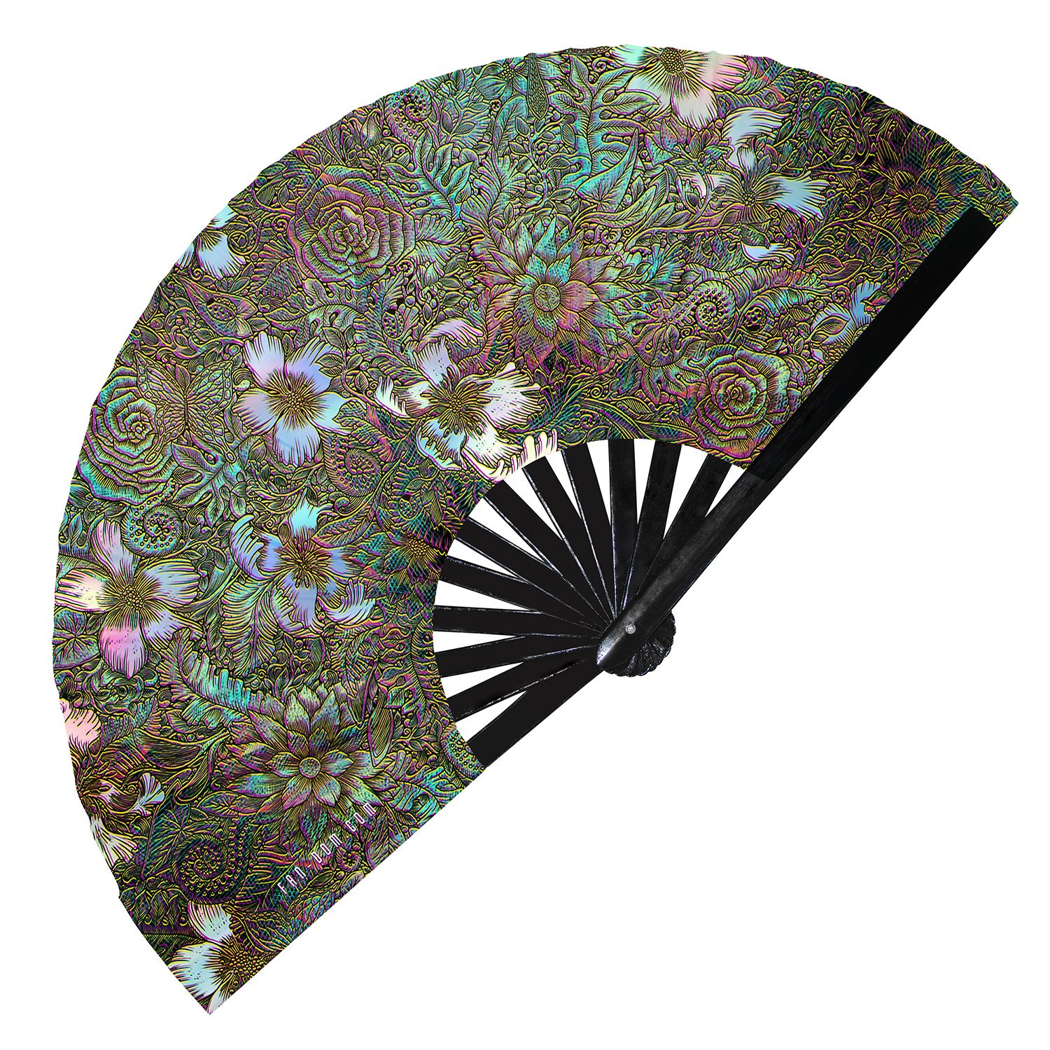 Colorful Trippy Flower Garden Intricate Floral Illustration Rainbow - Clack Folding Rave & Festival Hand Fan - Image 5