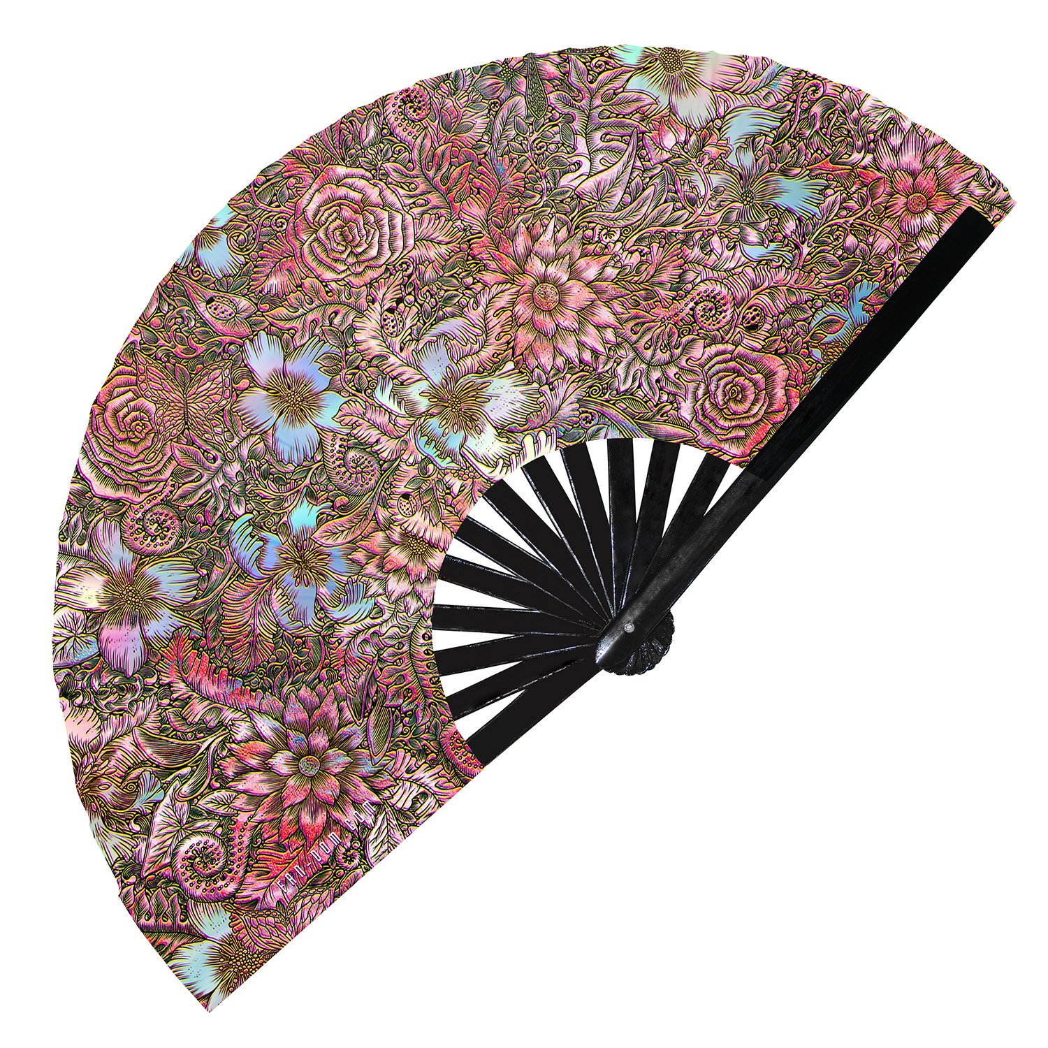 Colorful Trippy Flower Garden Intricate Floral Illustration Rainbow - Clack Folding Rave & Festival Hand Fan - Image 7