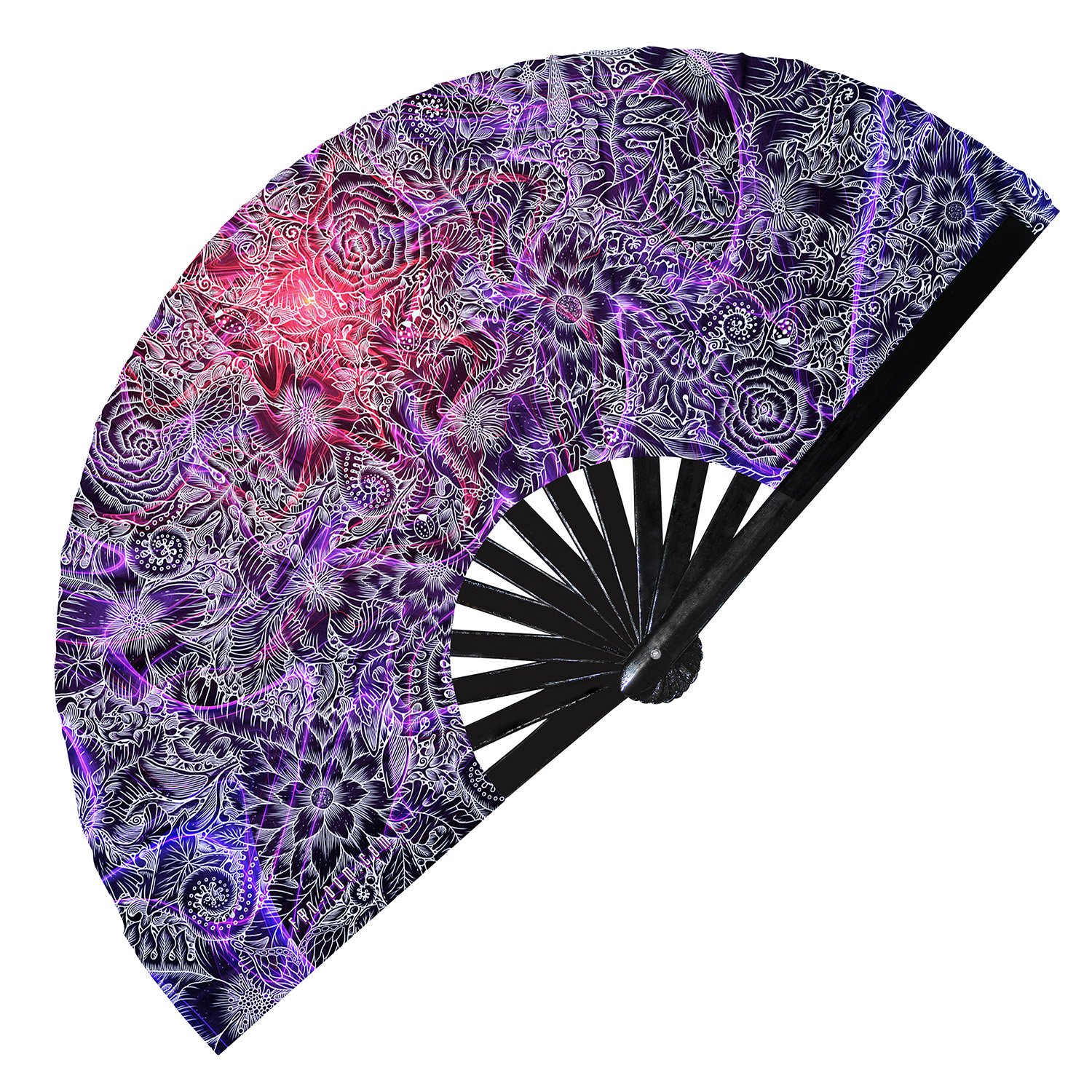Colorful Trippy Flower Garden Intricate Floral Illustration Rainbow - Clack Folding Rave & Festival Hand Fan - Image 2