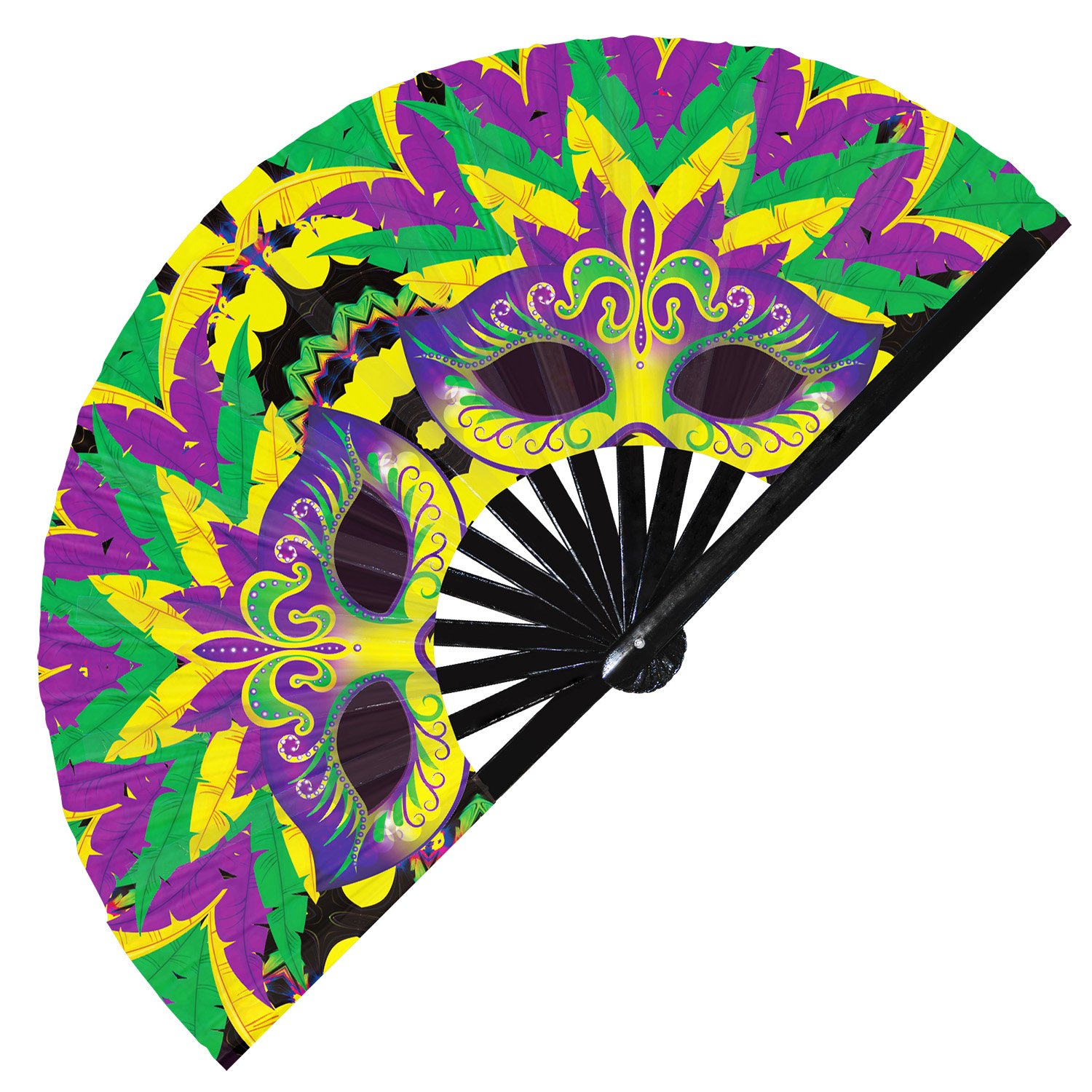 Colorful Mardi Gras Festive Carnival Mask - Clack Folding Rave & Festival Hand Fan - Image 2