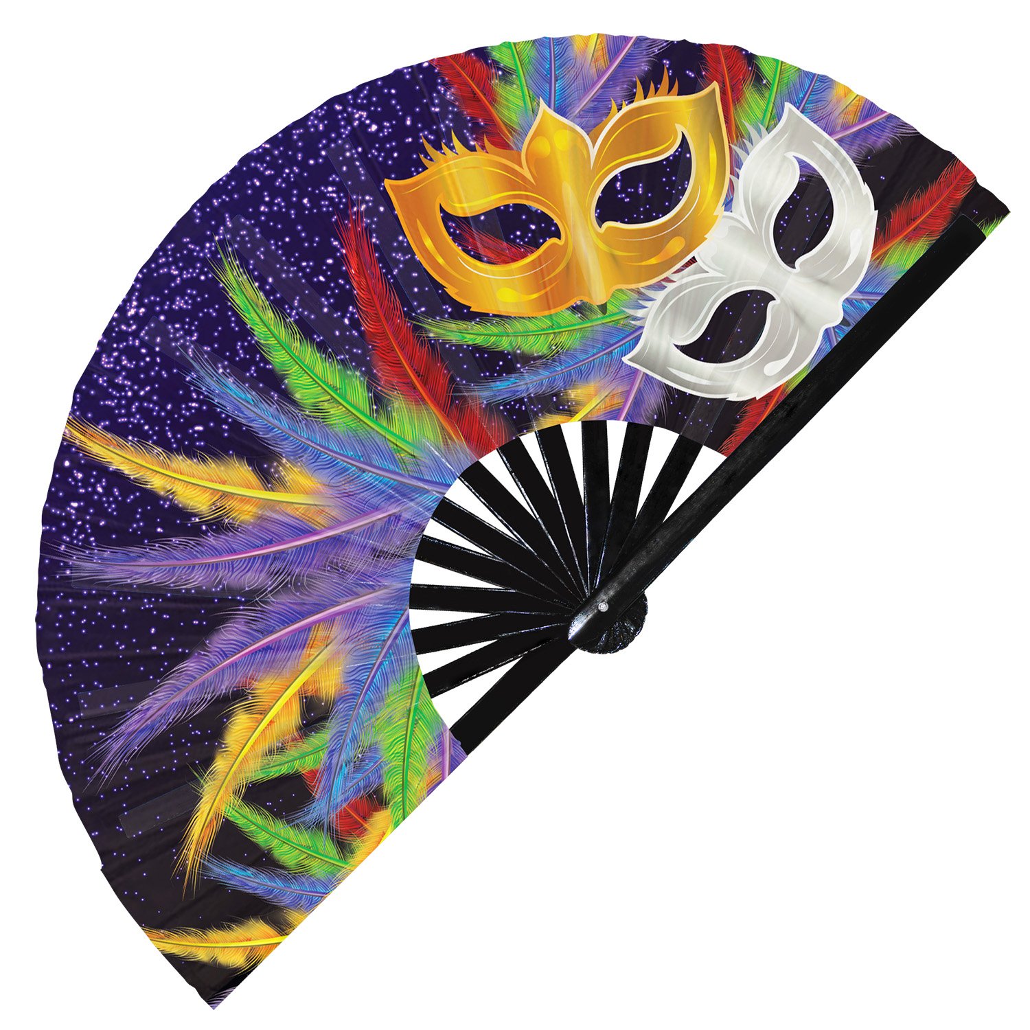 Colorful Mardi Gras Festive Carnival Mask - Clack Folding Rave & Festival Hand Fan - Image 5